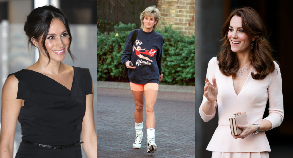 split screen of meghan markle in black dress, princess diana in sweatshirt and bike shorts, and kate middleton in pink dress for royal gift guide christmas holidays 2022