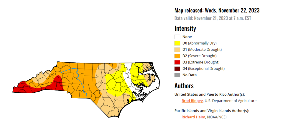 A drought map released Nov. 22, 2023 which placed four more Western North Carolina counties under extreme drought conditions.