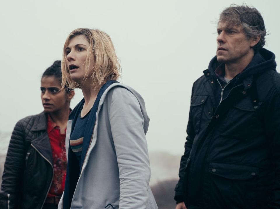 Yasmin Khan (Mandip Gill), The Doctor (Jodie Whittaker) and Dan (John Bishop) in the second episode of ‘Flux’ (BBC Studios/James Pardon)