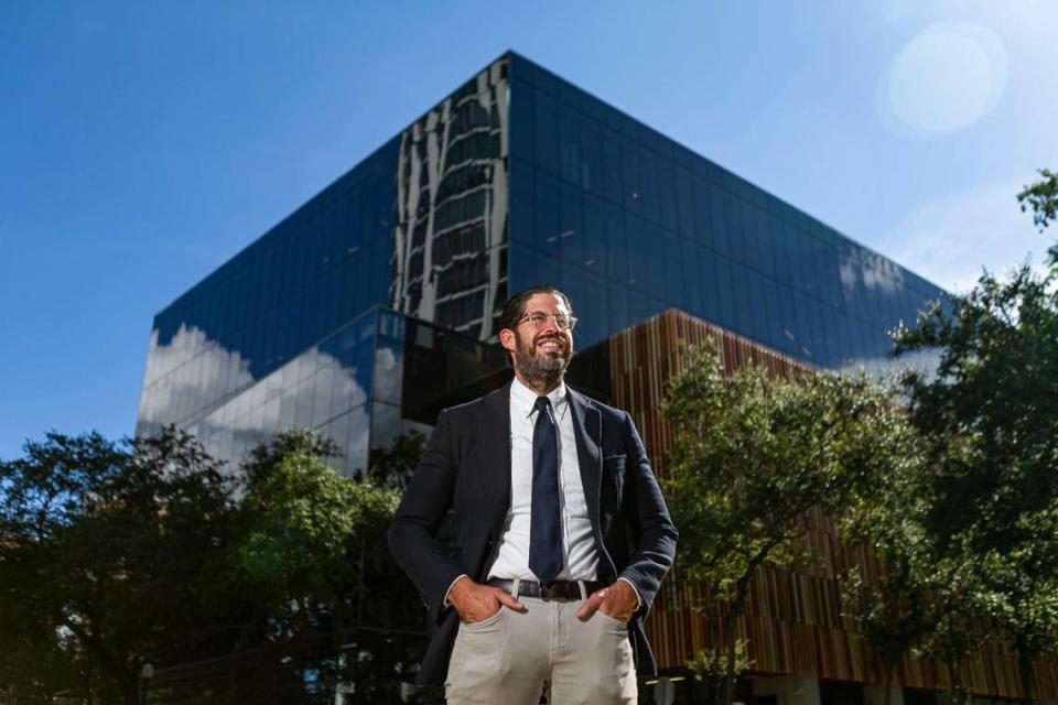 David Martin, a real estate developer and the president and CEO of Terra, stands outside his new office building Mary Street in Coconut Grove, Florida on Monday, August 10, 2020.