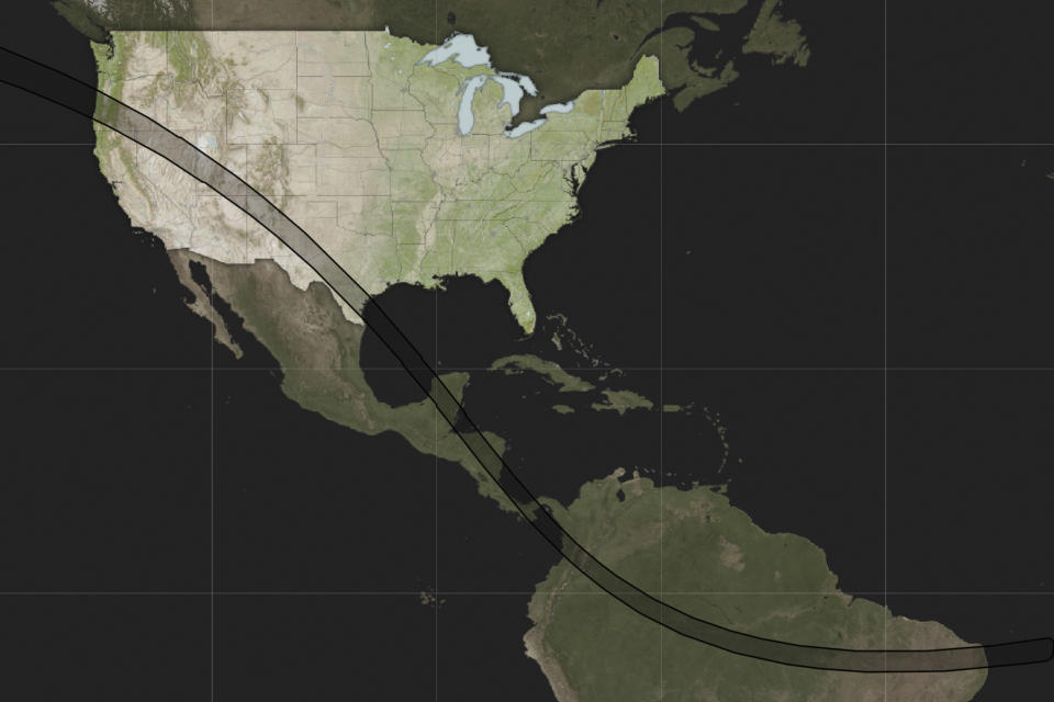 This map provided by NASA shows where the Saturday, Oct. 14, 2023 annular solar eclipse will cross North, Central, and South America. As the moon lines up precisely between Earth and the sun, it will blot out all but the sun's outer rim. A bright, blazing border will appear around the moon for as much as five minutes along a narrow path stretching from Oregon to Brazil. Proper eye protection is needed throughout the eclipse, from the initial partial phase to the ring of fire to the final partial phase. (NASA via AP)