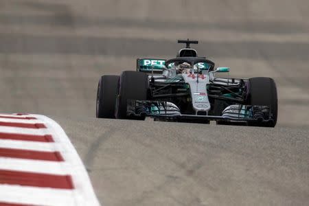 Oct 20, 2018; Austin, TX, USA; Mercedes driver Lewis Hamilton (44) of Great Britain during qualifying for the Unites States Grand Prix at Circuit of the Americas. Mandatory Credit: Jerome Miron-USA TODAY Sports