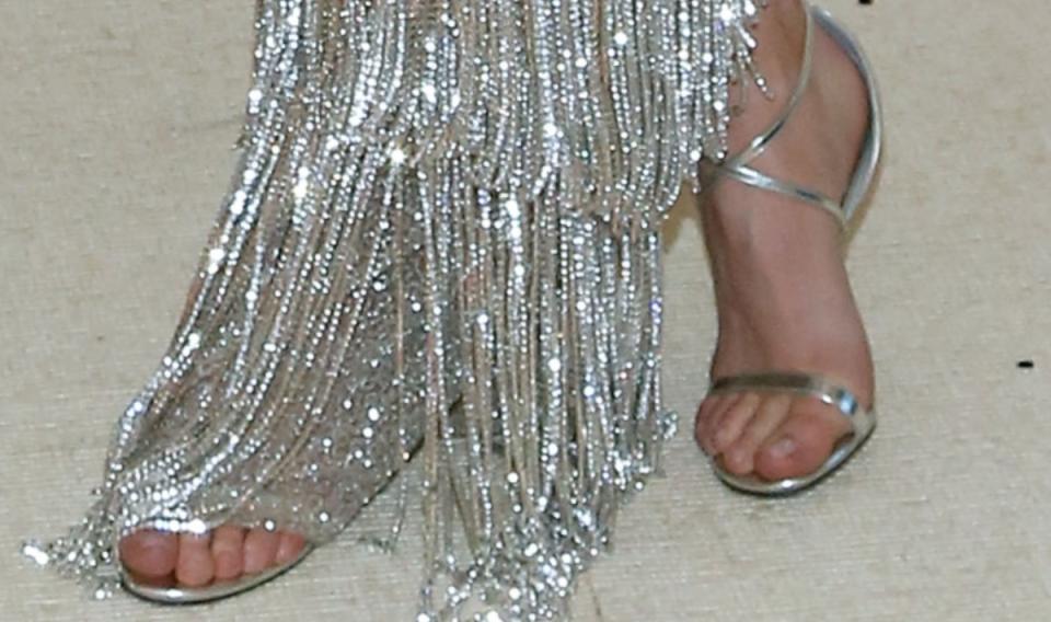 Kylie Jenner wears silver Jimmy Choo sandals at the 2016 Met Gala.
