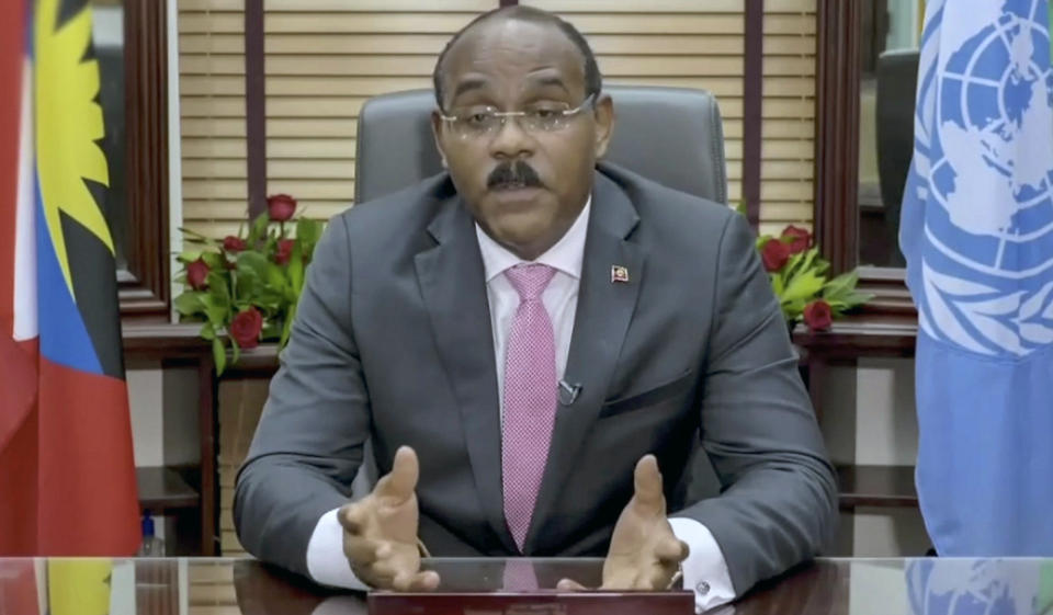 In this image from video provided by the United Nations, Gaston Alphonso Browne, prime minister of Antigua and Barbuda, remotely addresses the 76th session of the United Nations General Assembly in a pre-recorded message, Saturday, Sept. 25, 2021 at U.N. headquarters. (U.N. via AP)