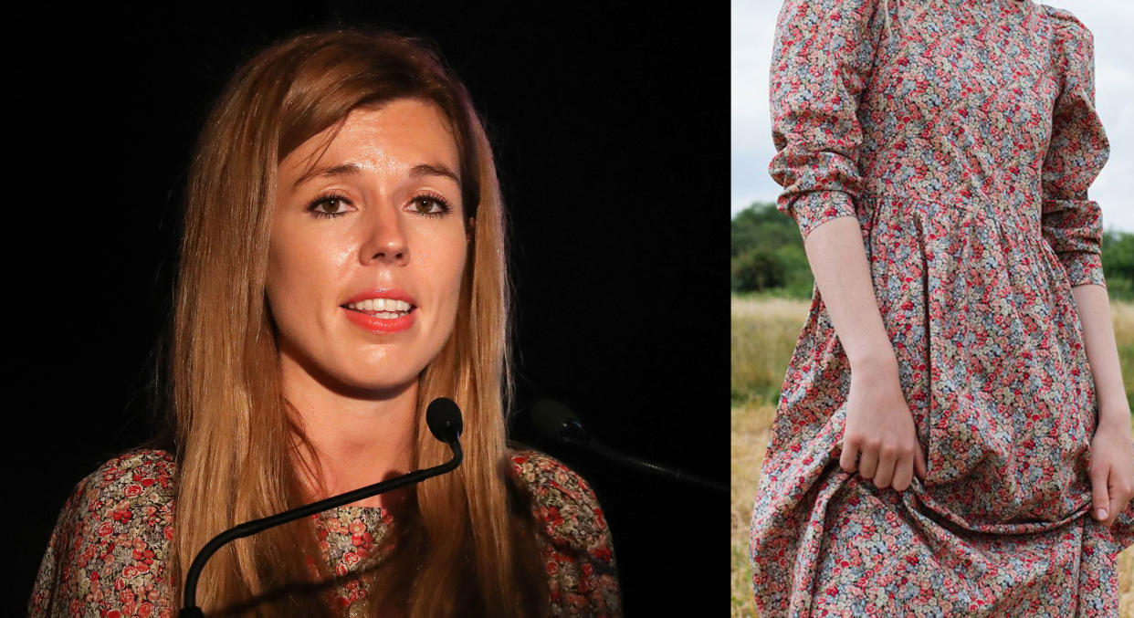 Carrie Symonds wore a £255 floral midi dress by an eco-friendly designer [Photo: PA]