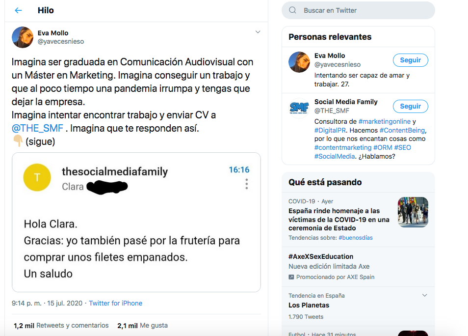 Una tuitera ha denunciado la respuesta recibida por una amiga en búsqueda de empleo tachando a la empresa de "maleducada". (Foto: Captura de Twitter / @yavecesnieso)