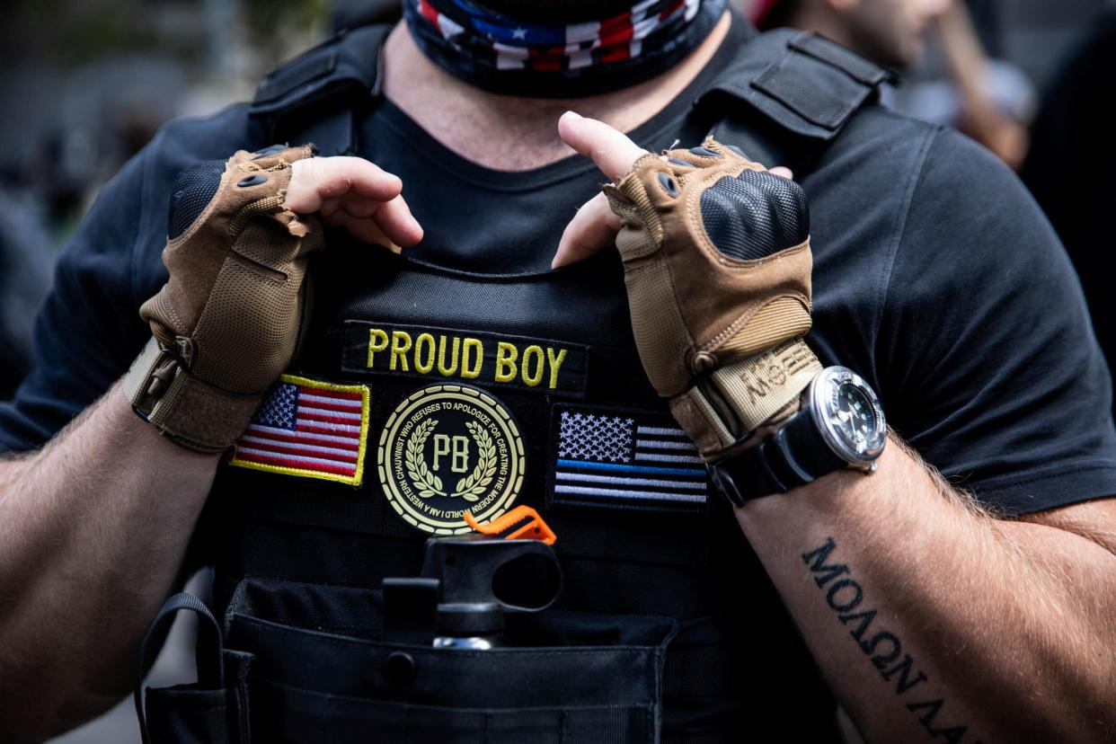 Proud Boys and supporters of the police participate in a protest in Portland, Oregon, on Aug. 22. (Maranie Staab / reuters)