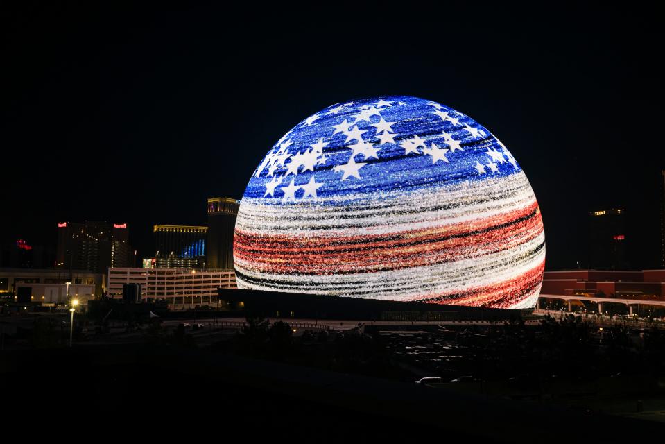 Sphere lights up for the first time in celebration of Independence Day on July 4, 2023 in Las Vegas.