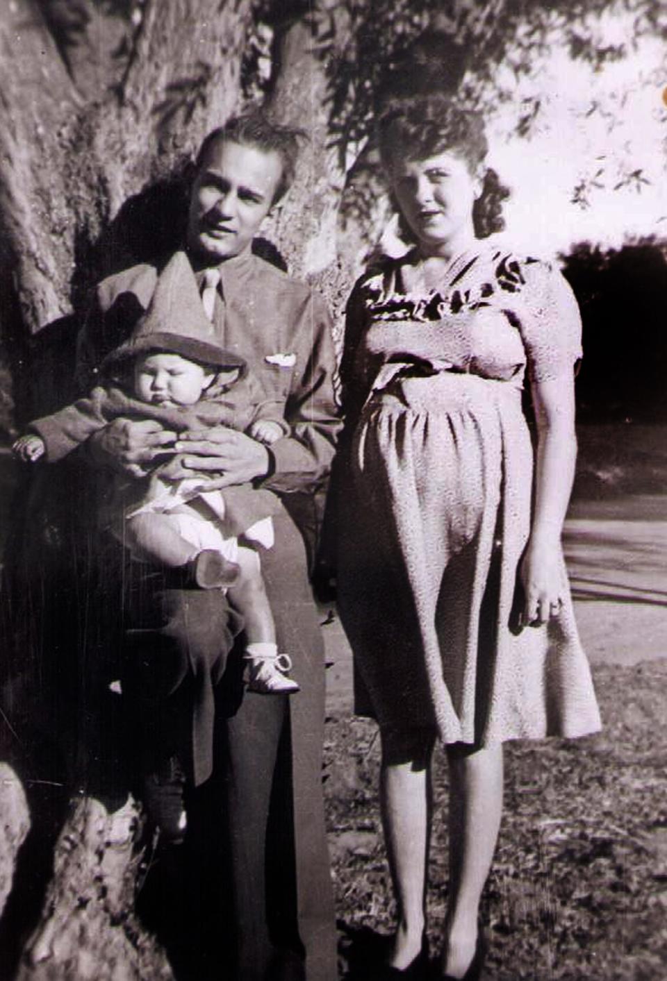 Bert Sauls Jr., the only Floridian of the 14 airmen, with his wife Martha and 9-month-old daughter Sylvia. Martha was pregnant with Linda Louise when he died. She was born two months later.