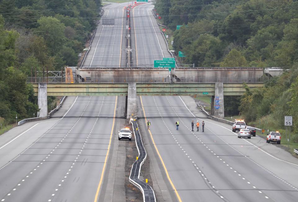 The NYS Thruway was closed to both directions of traffic around 3:00pm in West Nyack Sept. 7, 2022. A power line running across the highway snapped and dangled over the highway, caught on other wires. 