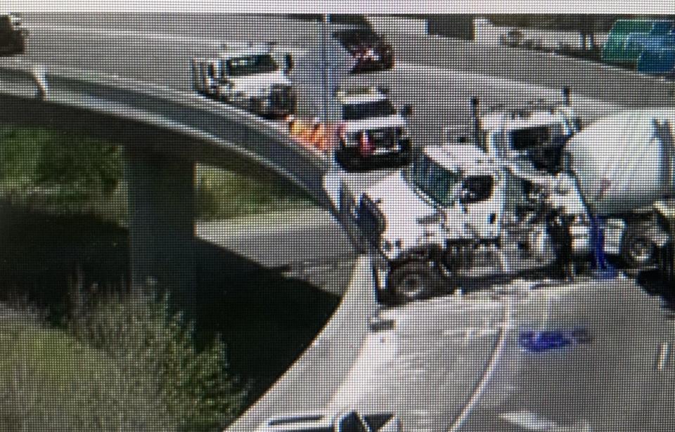 The southbound SR-67 ramp is closed due to an overturned concrete mixer truck.