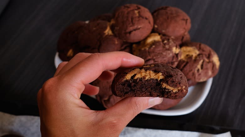 Person holding chocolate cookie
