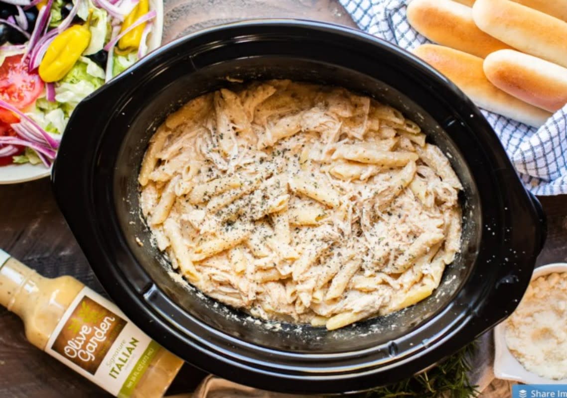 <p>The Magical Slow Cooker</p><p>The secret ingredient to the creamiest slow cooker chicken pasta? Olive Garden Italian Dressing!</p><p><strong>Get the recipe: <a href="https://www.themagicalslowcooker.com/slow-cooker-olive-garden-chicken-pasta" rel="nofollow noopener" target="_blank" data-ylk="slk:Slow Cooker Olive Garden Chicken Pasta;elm:context_link;itc:0;sec:content-canvas" class="link rapid-noclick-resp">Slow Cooker Olive Garden Chicken Pasta</a></strong></p>