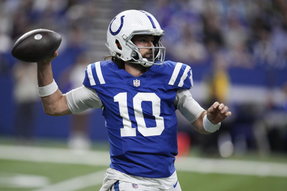 Indianapolis Colts quarterback Gardner Minshew (10) throws against the New Orleans Saints during the second half of an NFL football game Sunday, Oct. 29, 2023 in Indianapolis. (AP Photo/Michael Conroy)