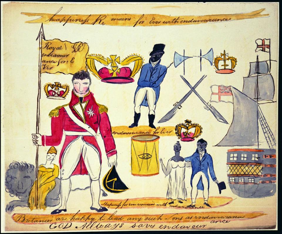 A contemporary drawing of the flag that survived the rebellion. <a href="https://www.flickr.com/photos/nationalarchives/5856819097/in/photostream/" rel="nofollow noopener" target="_blank" data-ylk="slk:National Archives;elm:context_link;itc:0;sec:content-canvas" class="link ">National Archives</a>