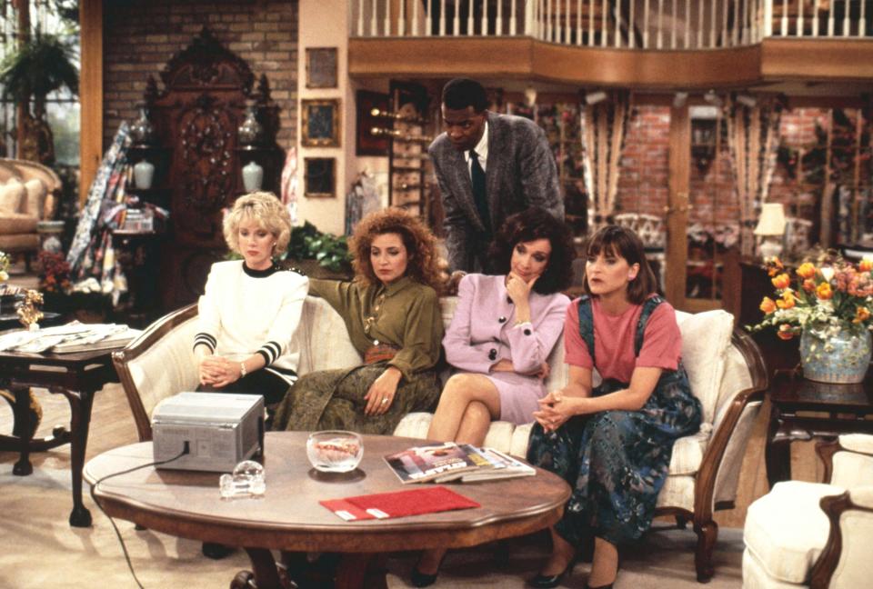 Allison Sugarbaker (Julia Duffy), Mary Jo Shivley (Annie Potts), Julia Sugarbaker (Dixie Carter), Carlene Frazier-Dobber (Jan Hooks), and Anthony Bouvier (Meshach Taylor) on Designing Women