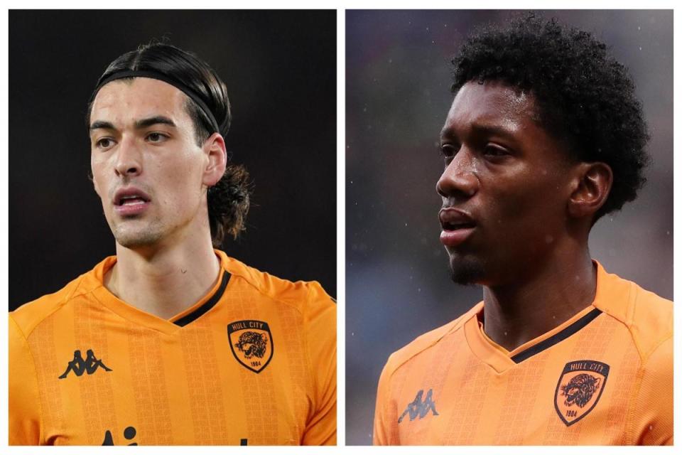 Hull City duo Jacob Greaves [left] and Jaden Philogene [right] have both been linked with moves to Ipswich Town in recent weeks <i>(Image: PA)</i>