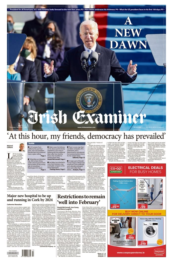 January 21, 2021 front page of the Irish Examiner