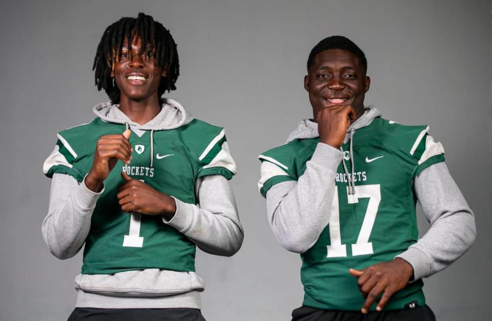 Miami Central Senior High School wide receiver Lawayne McCoy, left, and linebacker Ezekiel Marcelin are photographed at Hope Church of Christ on Saturday, Aug. 5, 2023 in Hollywood, Fla.