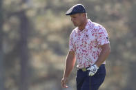 Bryson DeChambeau reacts after his shot on the 17th fairway during the third round of the Masters Saturday, Nov. 14, 2020, in Augusta, Ga. (Curtis Compton/Atlanta Journal-Constitution via AP)