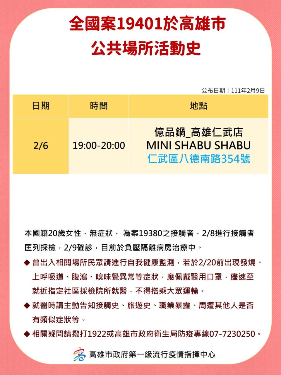 高雄市政府公布確診者的足跡。（圖／高雄市政府提供）