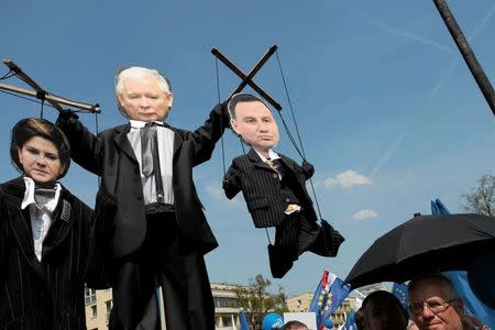 A puppet with an image of Jaroslaw Kaczynski holding other puppets with images of Prime Minister Beata Szydlo and President Andrzej Duda is seen at an anti-government demonstration called "March of Freedom" organised by opposition parties in Warsaw, Poland May 6, 2017. Agencja Gazeta/Dawid Zuchowicz via REUTERS