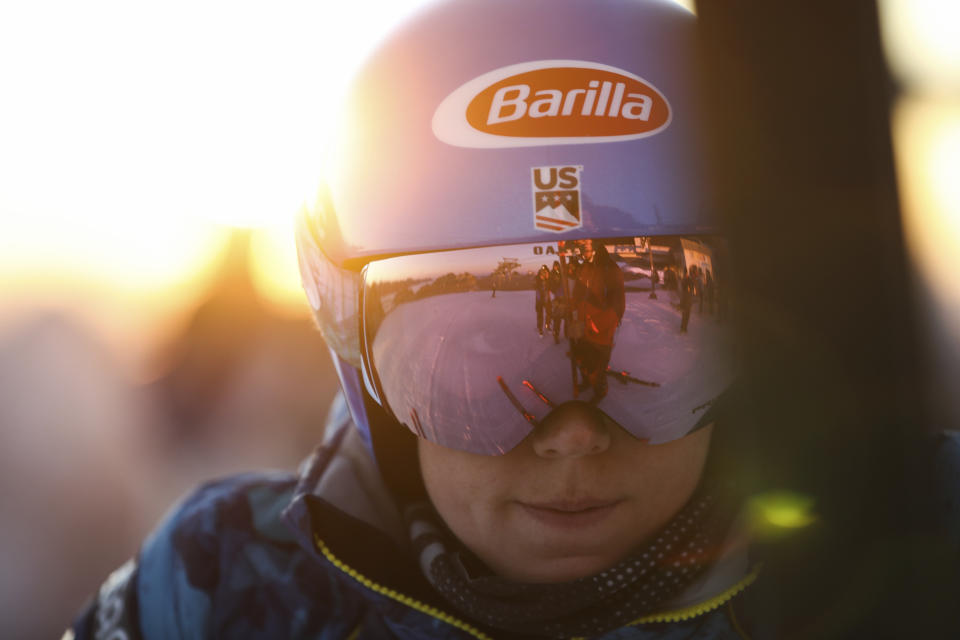 United States' Mikaela Shiffrin prepares prior to an alpine ski, women's World Cup giant slalom, in Soelden, Austria, Saturday, Oct. 23, 2021. (AP Photo/Gabriele Facciotti)