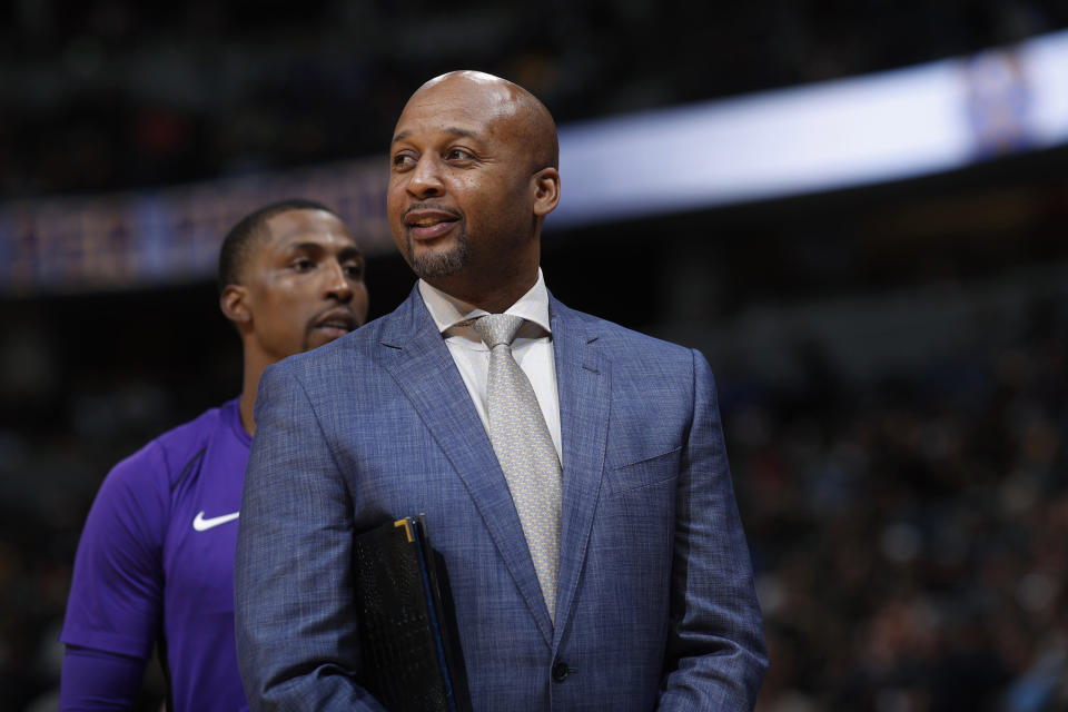 FILE - In this Dec. 2, 2017, file photo, Brian Shaw, who was then-associate head coach with the Los Angeles Lakers, stands during the second half of the team's NBA basketball game against the Denver Nuggets in Denver. Shaw is now coaching in the new developmental G League, which offers players a new and different route to the NBA. (AP Photo/David Zalubowski, File)