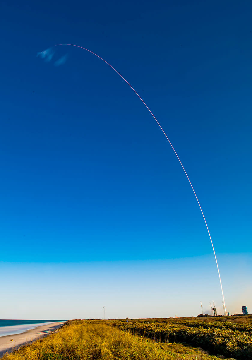 A time lapse exposure captures a SpaceX Falcon 9 rocket carrying 24 Starlink satellites as it lifts off from Space Launch Complex 40 (SLC-40) at Cape Canaveral Space Force Station in Florida on Sunday, Feb. 25, 2024.
