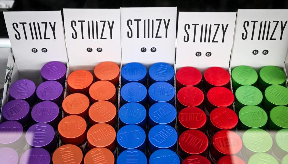 Stiiizy’s pre-rolled joins in five packs displayed for sale in the company’s new store on Willow and Herndon in Fresno on Wednesday, May 15, 2024.