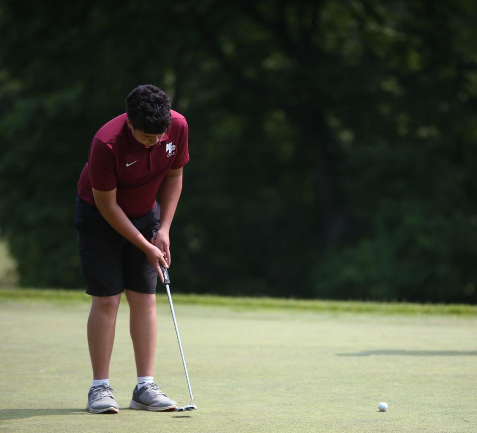 New Paltz's Loyal Goodermote on the 12th hole at the Powelton Club in Newburgh during round 1 of the Section 9 golf championship on May 23, 2023. 
