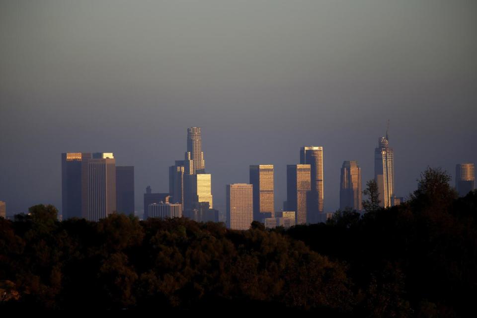 The downtown Los Angeles skyline, seen from Griffith Observatory on a smoggy day.