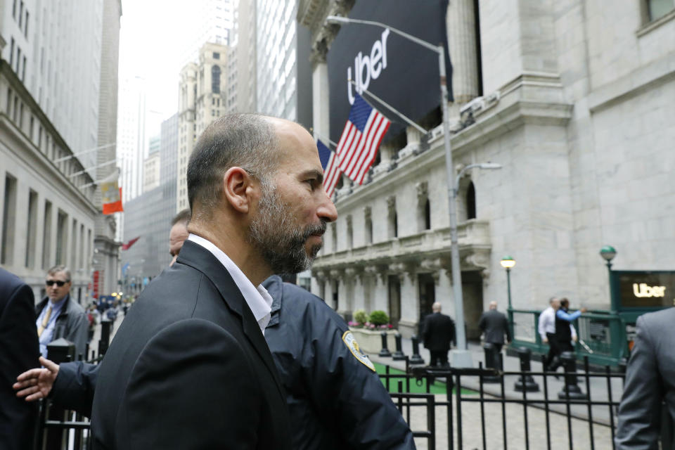 Uber CEO Dara Khosrowshahi arrives at the New York Stock Exchange for his company's initial public offering, Friday, May 10, 2019. (AP Photo/Mark Lennihan)