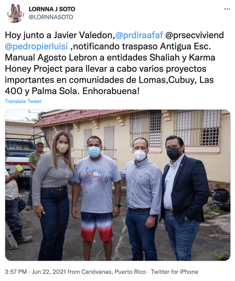 In June of 2021, the mayor of the municipality of Canóvanas Lornna Soto published a tweet where she announced the “transfer” of the Manuel Agosto Lebrón school to Id Shaliah and Karma Honey Project “to carry out several important projects.” However, after D’Monte’s arrest, Soto denied that the building was in the organization’s possession.