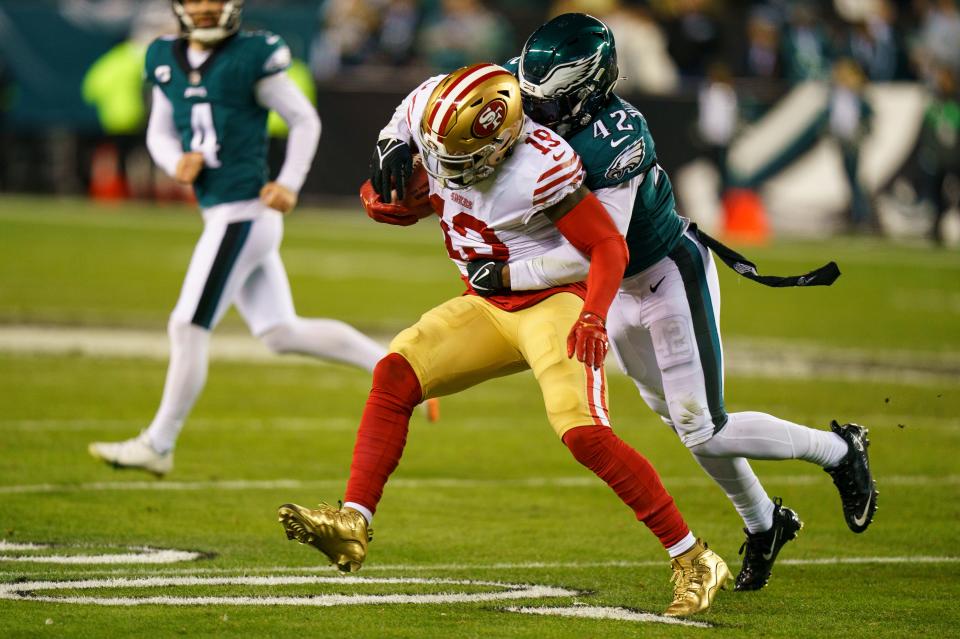 San Francisco 49ers wide receiver Deebo Samuel (19) in action against Philadelphia Eagles safety K'Von Wallace (42) during the NFC Championship game, Sunday, Jan. 29, 2023, in Philadelphia.