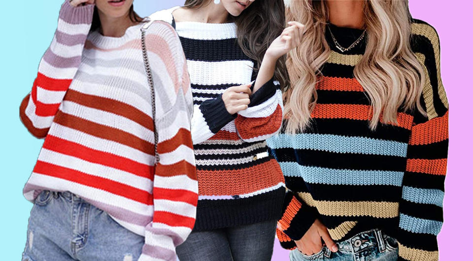 three people wearing the striped sweater in different colors