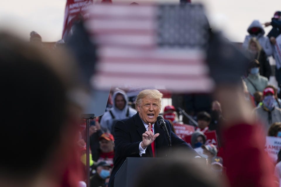 President Donald Trump speaks at a campaign rally at Manchester-Boston Regional Airport, Sunday, Oct. 25, 2020, in Londonderry, N.H. (AP Photo/Alex Brandon)