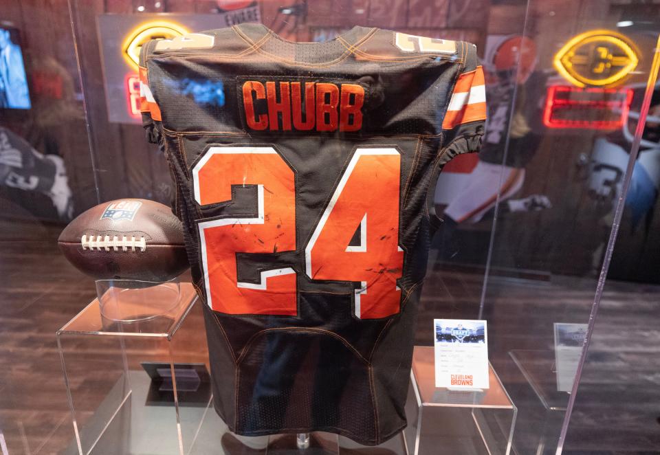 A Nick Chubb display is part of the Pro Football Hall of Fame's newest exhibit, "A Legacy Unleashed."