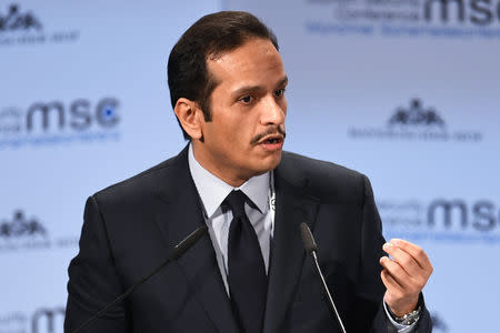 FILE PHOTO: Qatar's Foreign Minister Sheikh Mohammed bin Abdulrahman Al-Thani speaks during the annual Munich Security Conference in Munich, Germany February 17, 2019. REUTERS/Andreas Gebert