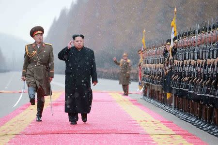 North Korean leader Kim Jong Un salutes during a visit to the Ministry of the People's Armed Forces on the occasion of the new year, in this undated photo released by North Korea's Korean Central News Agency (KCNA) on January 10, 2016. REUTERS/KCNA