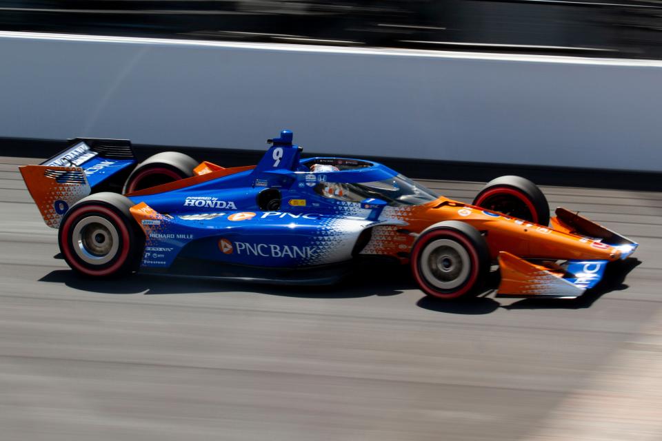 Chip Ganassi Racing driver Scott Dixon (9) races down the front stretch Saturday, Aug. 12, 2023, during the Gallagher Grand Prix at Indianapolis Motor Speedway.