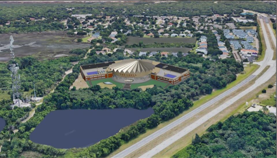 An artist drawing shows the proposed performing arts center a local nonprofit wants to build on city land on State Road 312 near Mizell Road in St. Augustine.