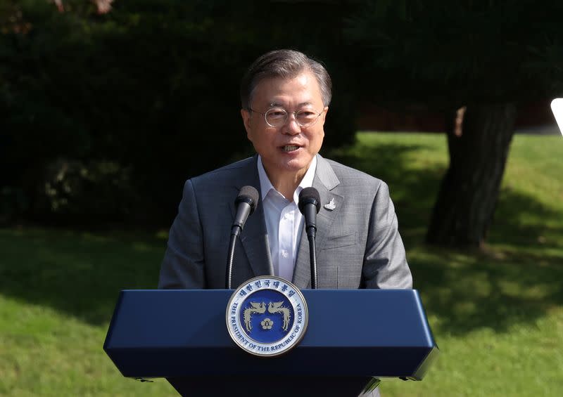 South Korean President Moon Jae-in delivers his speech during Youth Day at the Presidential Blue House in Seoul