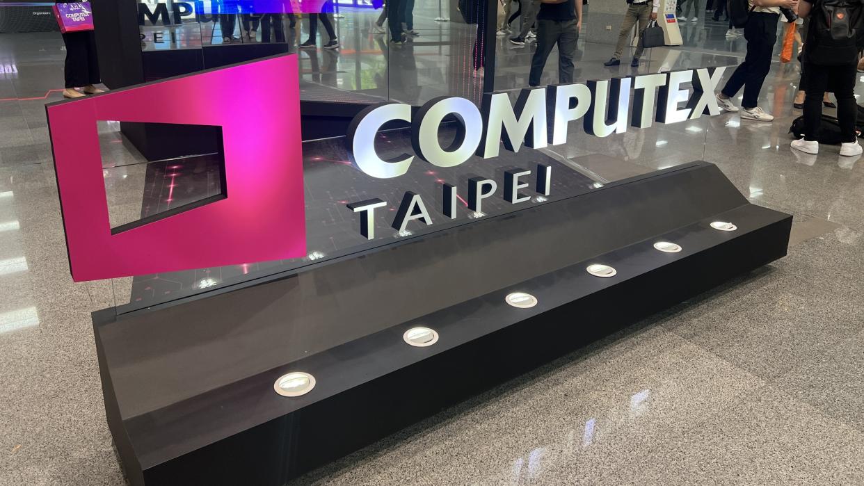  Computex logo in busy show floor in Taipei. 