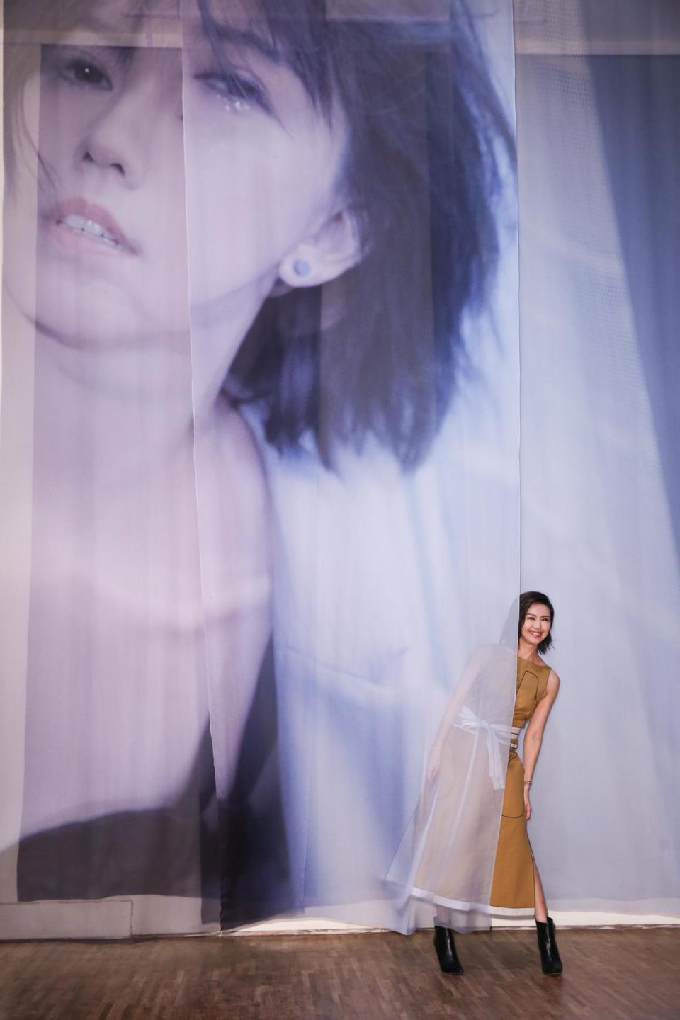 孫燕姿在自己350公分的巨幅照片、搭配網紗架構的藝術作品中露出俏皮模樣。
