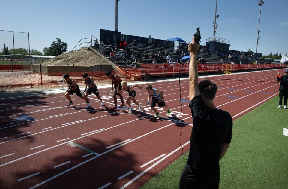 Boys start the 4x800 meter relay at the Central California Athletic League Championships at Downey High School in Modesto, Calif., Wednesday, May 1, 2024.