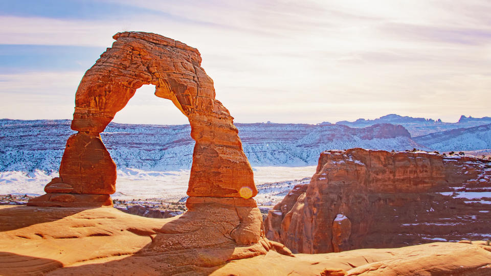 Delicate Arch at Arches National Park Utah in winter.