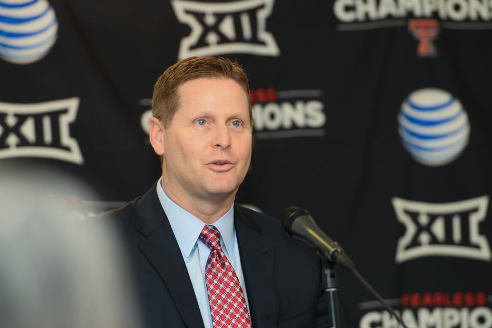 LUBBOCK, TX - JANUARY 16: Texas Tech Athletic Director Kirby Hocutt answers questions from the media after being named the chairman of the College Football Playoff Selection Committee on January 16, 2016 at United Supermarkets Arena in Lubbock, Texas. (Photo by John Weast/Getty Images)