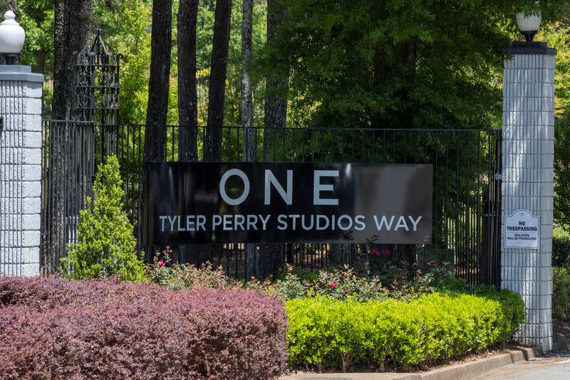 A view of the exterior of Tyler Perry Studios in Atlanta, GA