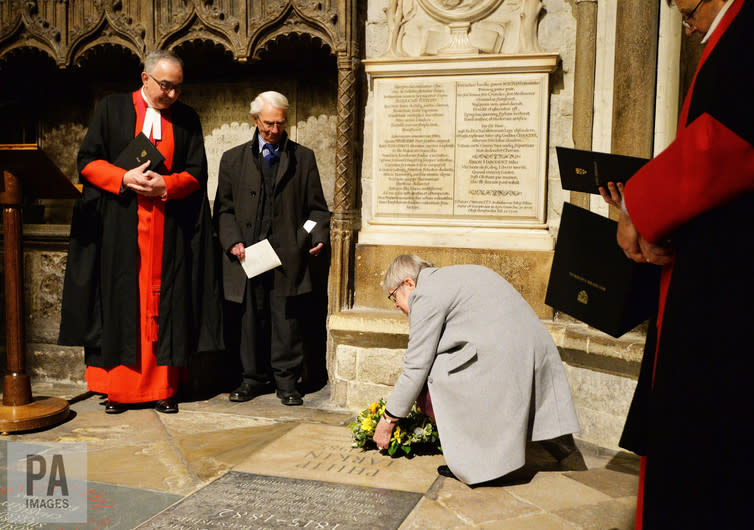 <span class="caption">Unveiling of a memorial to Larkin at Poets’ Corner in Westminster Abbey in 2016.</span> <span class="attribution"><span class="source">John Stillwell/PA Archive/PA Images</span></span>
